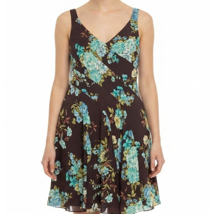 New Chaps By Ralph Lauren Floral Swing Dress Petite 14 P Chiffon Brown Blue Bias
